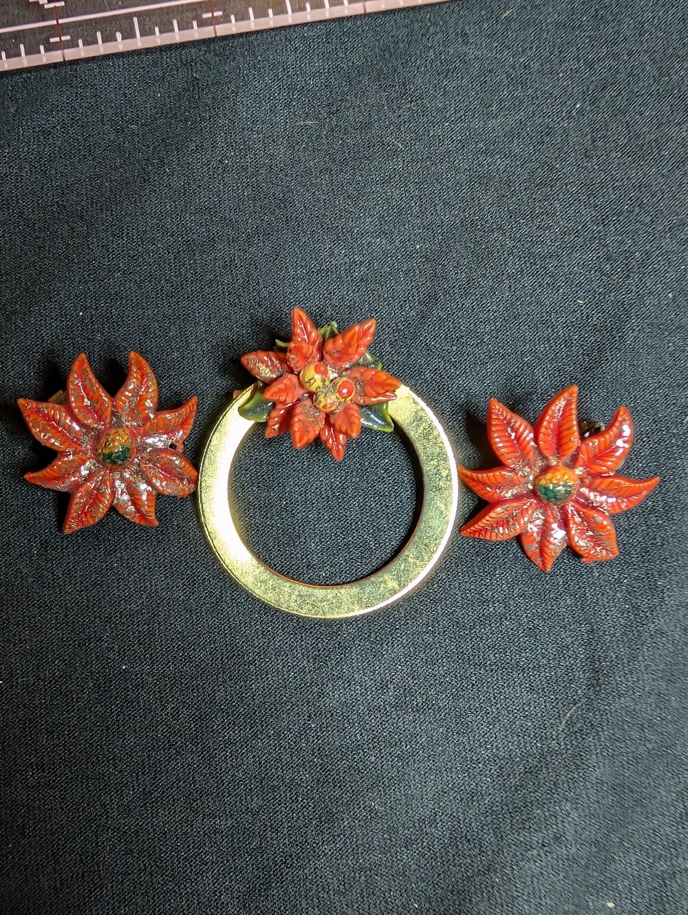 Handcrafted Red Floral Brooch and Earring Set